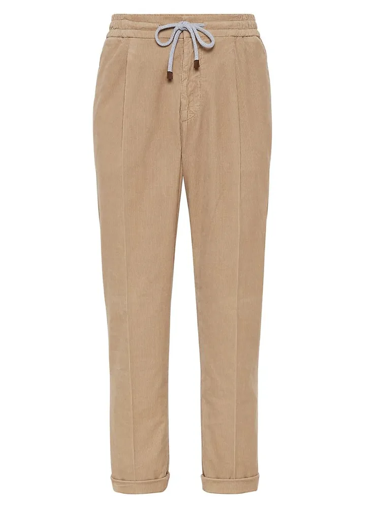 Garment-Dyed Leisure Fit Trousers Cotton Narrow Wale Corduroy With Drawstring And Pleat