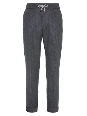Virgin Wool Flannel Leisure Fit Trousers with Drawstring and Pleats