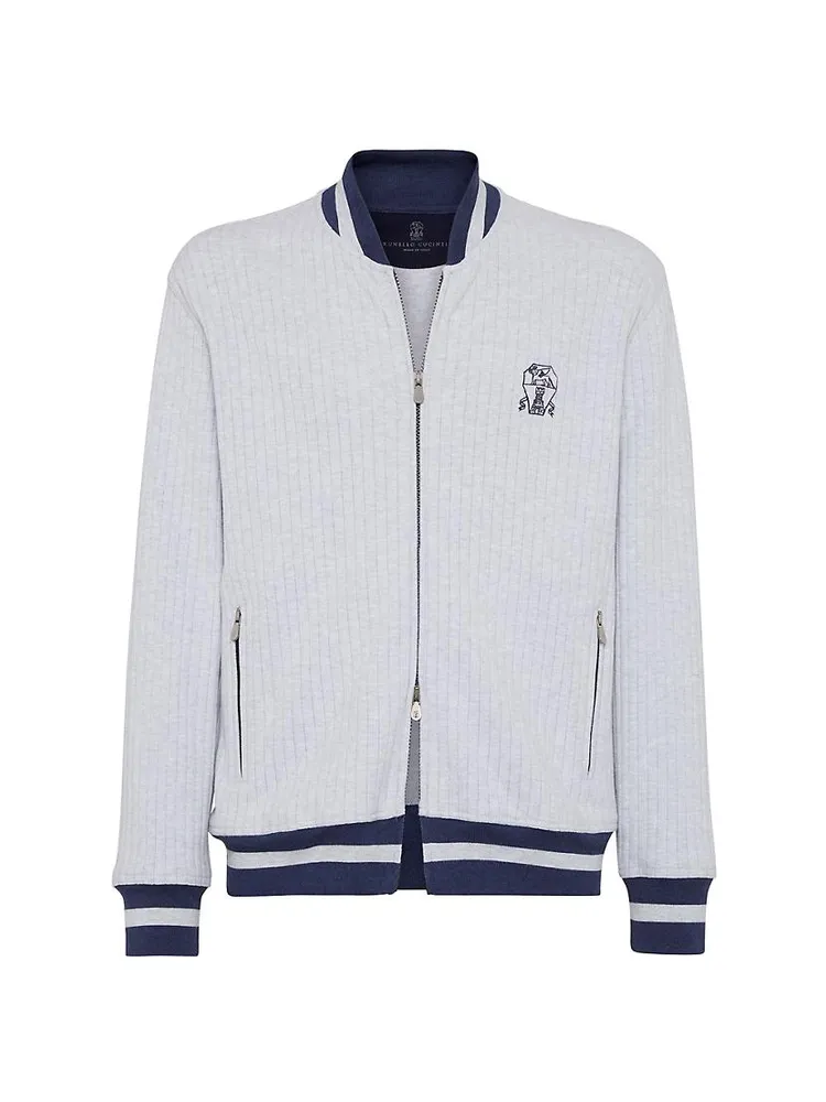 Cotton Ribbed French Terry Bomber-Style Sweatshirt With Striped Details