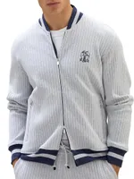 Cotton Ribbed French Terry Bomber-Style Sweatshirt With Striped Details