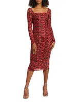 Simona Floral Mesh Ruched Midi-Dress