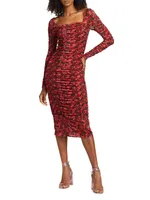 Simona Floral Mesh Ruched Midi-Dress