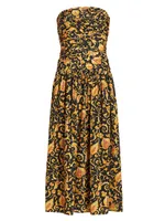 Selma Baroque-Print Strapless Midi-Dress