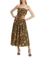 Selma Baroque-Print Strapless Midi-Dress