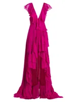 Wabash Draped Ruffle Chiffon Silk Maxi Dress