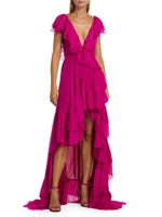 Wabash Draped Ruffle Chiffon Silk Maxi Dress