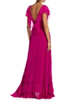 Wabash Draped Ruffle Chiffon Silk Maxi Dress