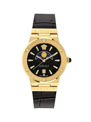 Greca Logo Moonphase IP Yellow Gold & Leather Strap Watch/38MM