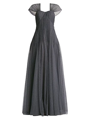 Glitter Tulle Cap-Sleeve Gown