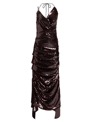 Sequined Fitted Asymmetric Ruched Gown