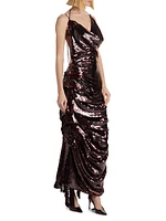 Sequined Fitted Asymmetric Ruched Gown