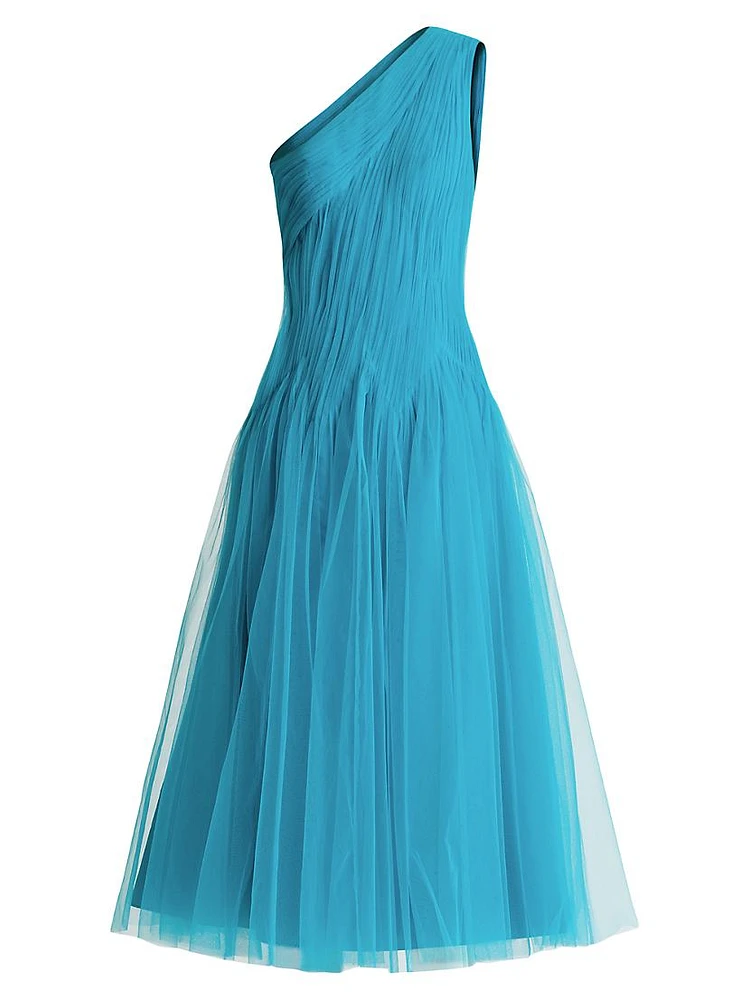 One-Shoulder Tulle Midi-Dress