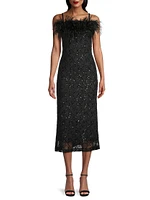 Lucca Beaded Feather-Embellished Midi-Dress