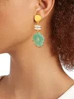 22K Gold-Plated, Jade Aventurine & Freshwater Pearl Flower Drop Earrings