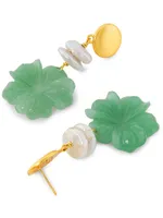 22K Gold-Plated, Jade Aventurine & Freshwater Pearl Flower Drop Earrings