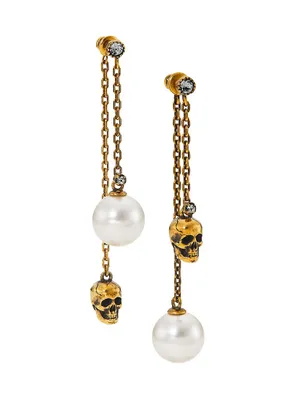 Goldtone & Imitation Pearl Skull Chain Earrings