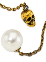 Goldtone & Imitation Pearl Skull Chain Earrings