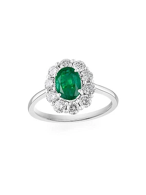 14K White Gold, Emerald & 0.62 TCW Diamond Halo Ring