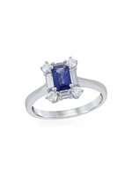 14K White Gold, Blue Sapphire & 0.13 TCW Diamond Halo Ring