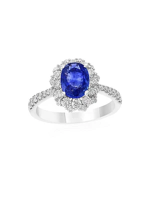 18K White Gold, Blue Sapphire & 0.81 TCW Diamond Halo Ring