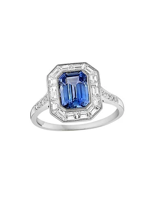 Platinum, Blue Sapphire & 0.88 TCW Diamond Halo Ring