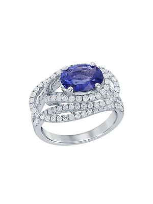 18K White Gold, Blue Sapphire & 0.89 TCW Diamond Cocktail Ring