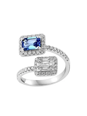 18K White Gold, Blue Sapphire & 0.19 TCW Diamond Bypass Ring