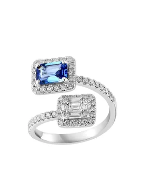 18K White Gold, Blue Sapphire & 0.19 TCW Diamond Bypass Ring