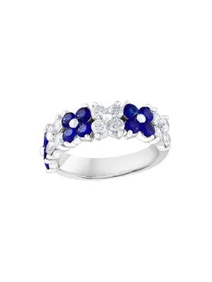 14K White Gold, Blue Sapphire & 1 TCW Diamond Flower Ring