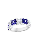 14K White Gold, Blue Sapphire & 1 TCW Diamond Flower Ring