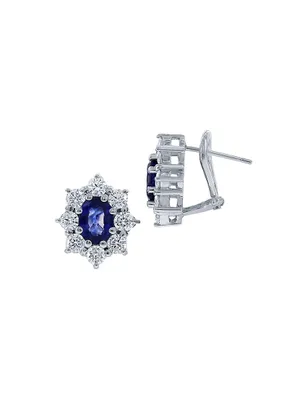 14K White Gold, Blue Sapphire & 1.32 TCW Diamond Halo Stud Earrings