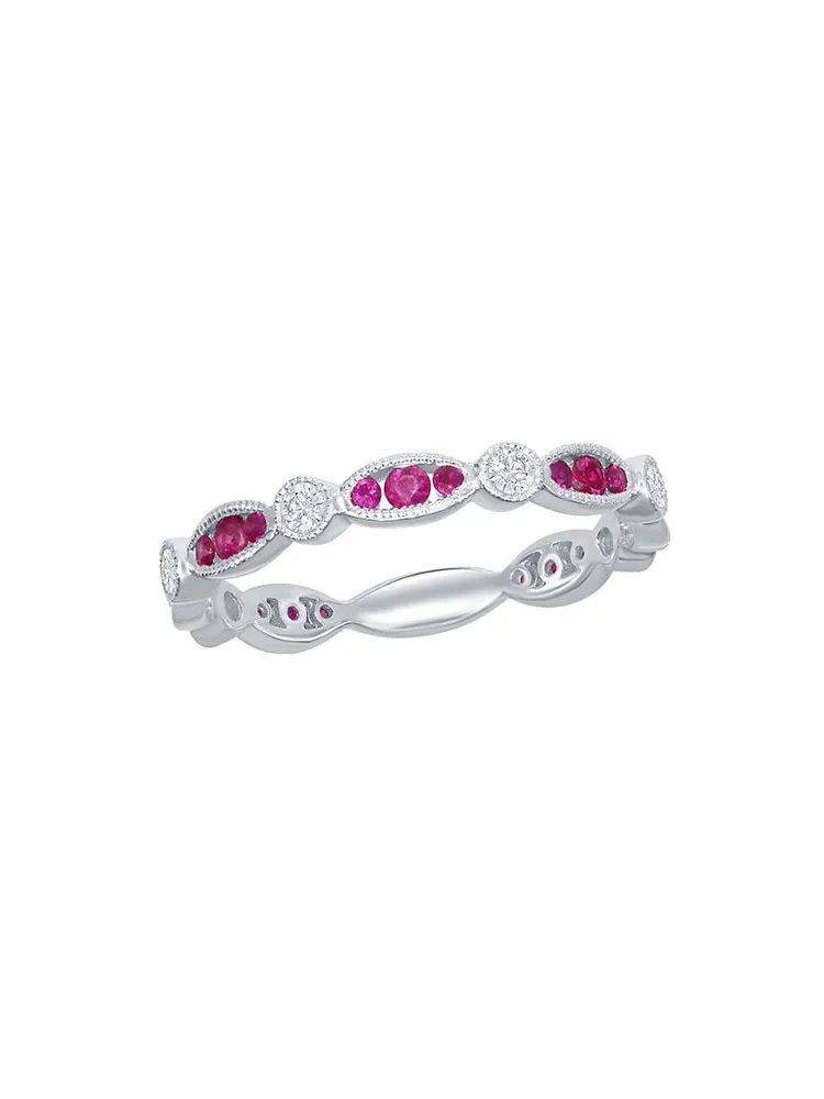 18K White Gold, Ruby & 0.17 TCW Diamond Band Ring