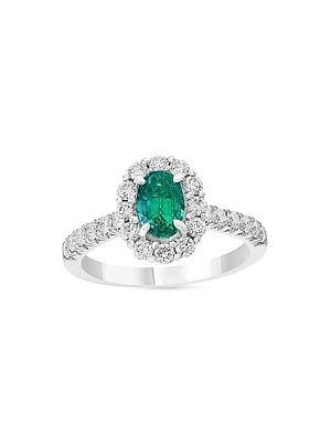 18K White Gold, Emerald & 0.69 TCW Diamond Oval Ring