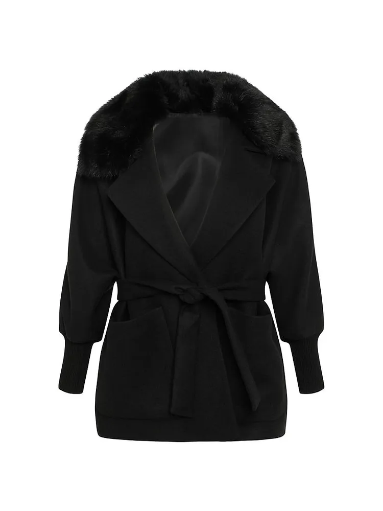 Belted Jacket With Shearling Lamb Collar