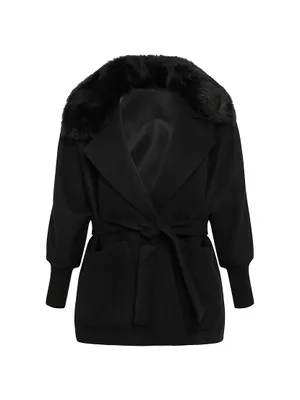 Belted Jacket With Shearling Lamb Collar