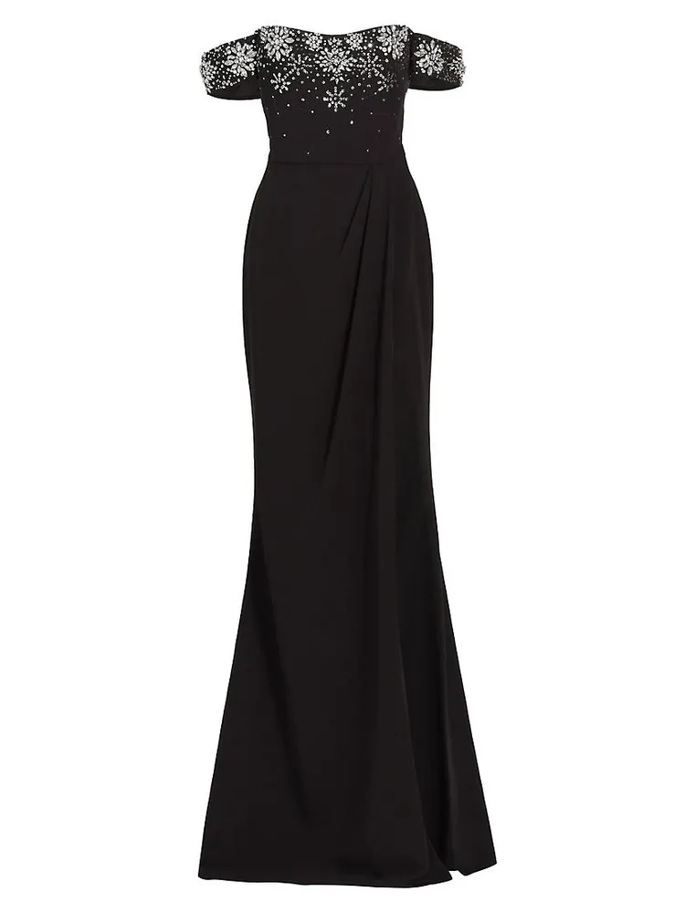 Beaded Stretch Crepe Off-The-Shoulder Gown