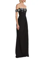 Beaded Stretch Crepe Off-The-Shoulder Gown