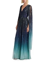 Embellished Chiffon Cape-Sleeve Gown