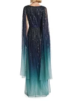 Embellished Chiffon Cape-Sleeve Gown