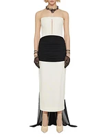 Evening Bustier Draped Dress In Crepe With Satin And Silk Train