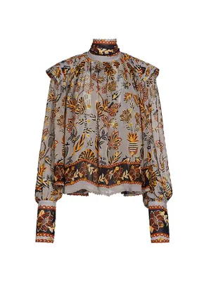 Floral Tapestry Embroidered Bishop-Sleeve Blouse