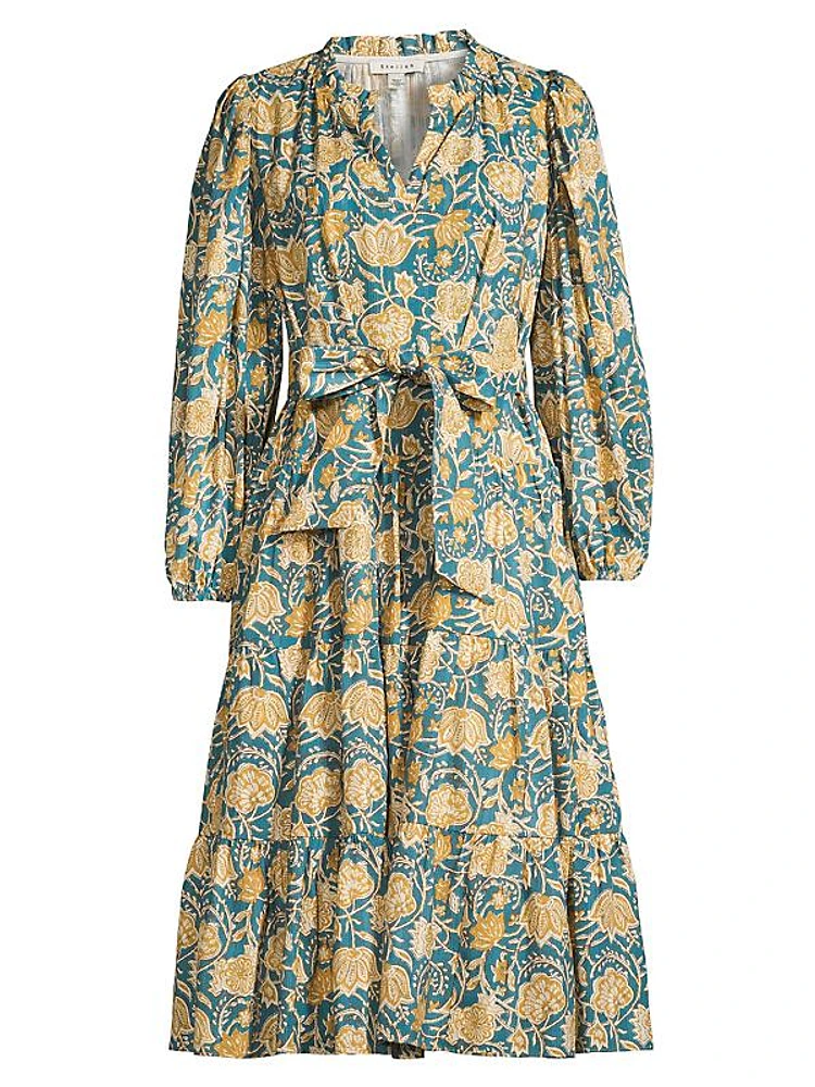 Belted Floral Textured Cotton Dress