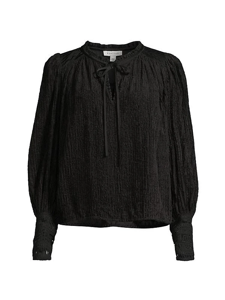 Bishop-Sleeve Texture Velvet Blouse