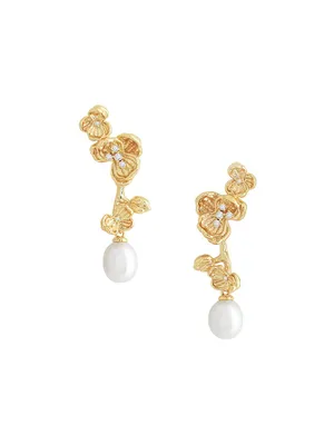 Orchid 18K-Gold-Plated, Cubic Zirconia & Freshwater Pearl Drop Earrings