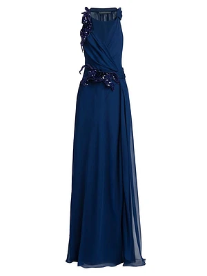 Draped Sequined Silk Chiffon Gown