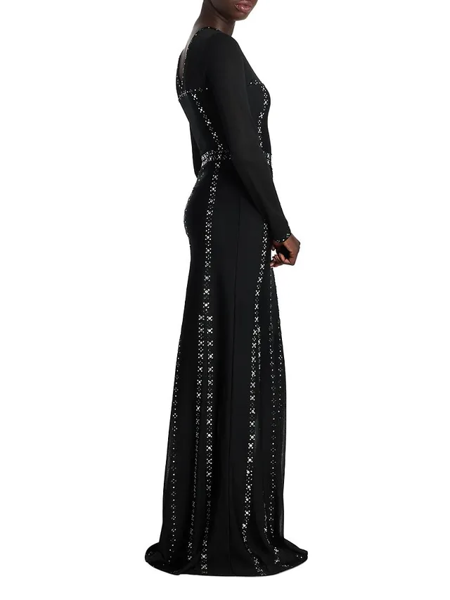 Riki Dalal Joan Illusion V-Neck Long-Sleeve Lace Wedding Gown with  Swarovski Crystal Belt