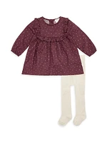 Baby Girl's Ruffle-Trim Dot Print Dress & Ribbed Tights Set