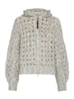 Fluffy Net Cardigan Mohair, Wool And Cotton With Hood Shiny Zipper Pull