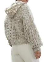 Fluffy Net Cardigan Mohair, Wool And Cotton With Hood Shiny Zipper Pull