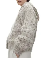 Fluffy Net Cardigan Mohair, Wool And Cotton With Hood Shiny Zipper Pull